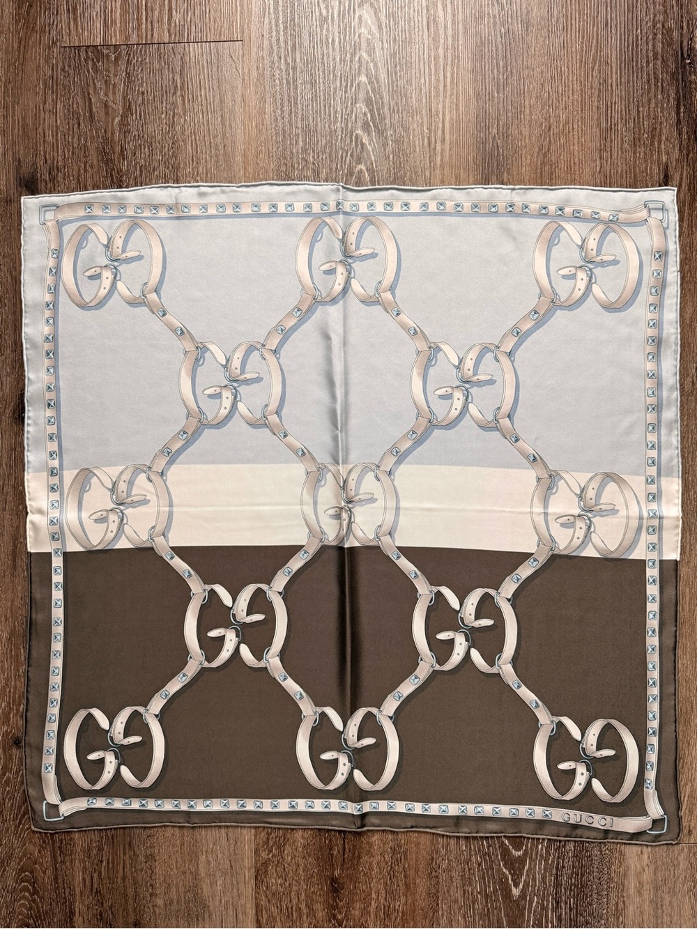 Display # 4 Gucci Silk Scarf in Cream, Tan & Brown with Interlocking G Chain